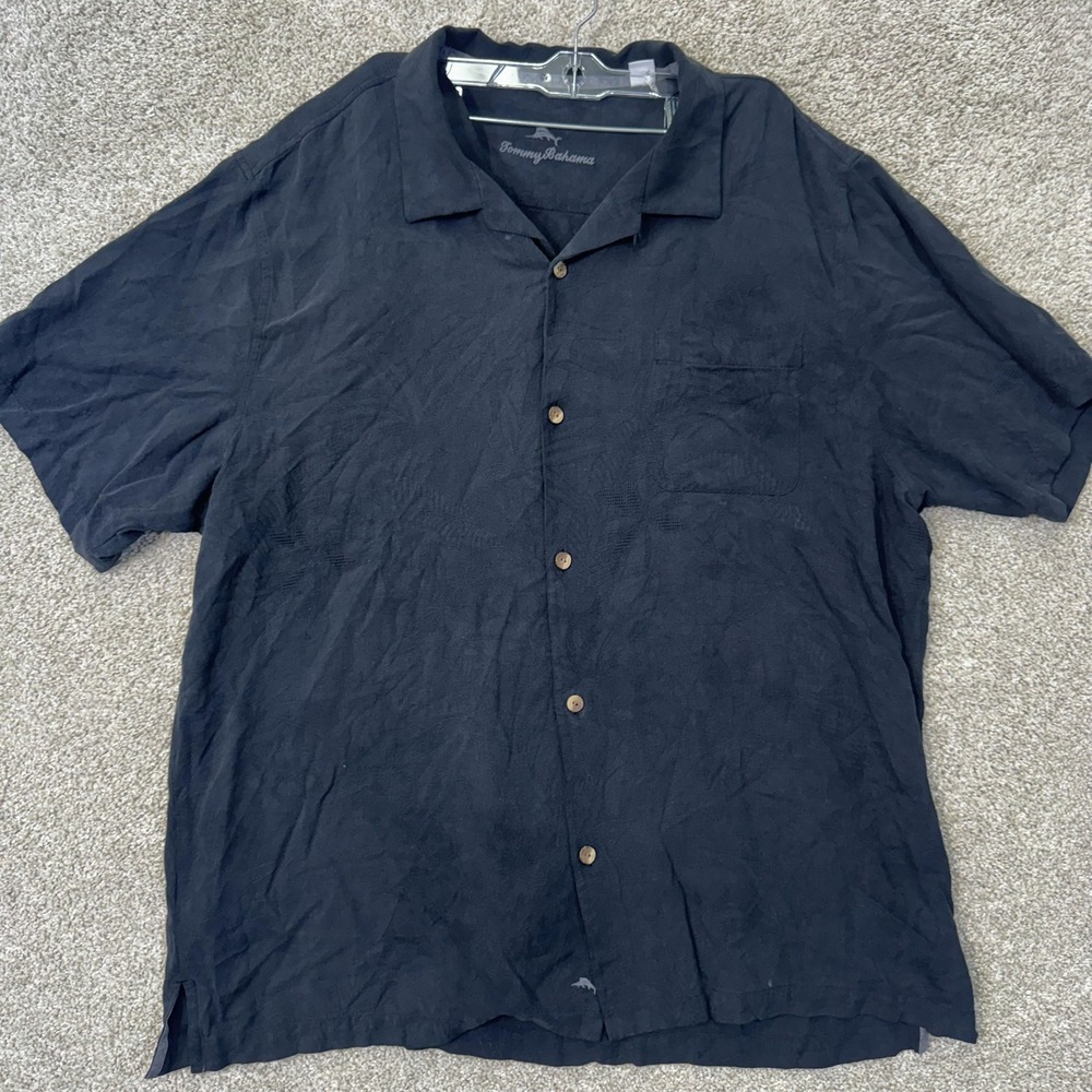 Tommy Bahama Shirt Mens XXL Camp Black Silk Jacquard Leaf Button Down EUC